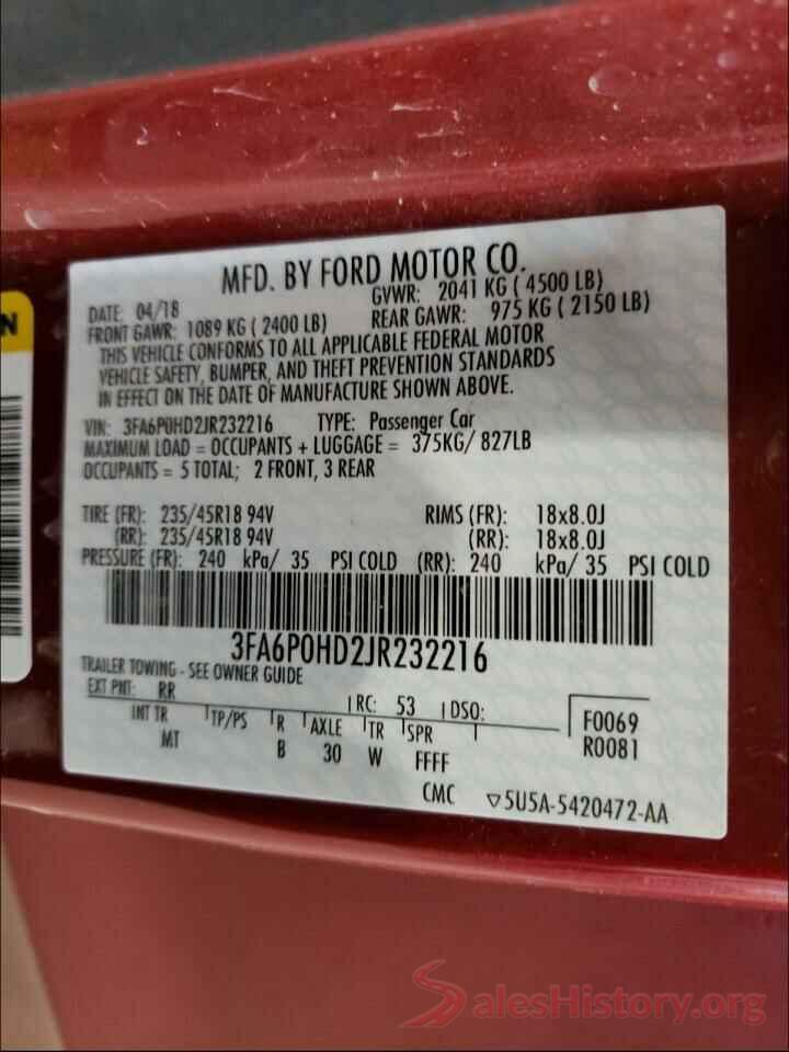 3FA6P0HD2JR232216 2018 FORD FUSION