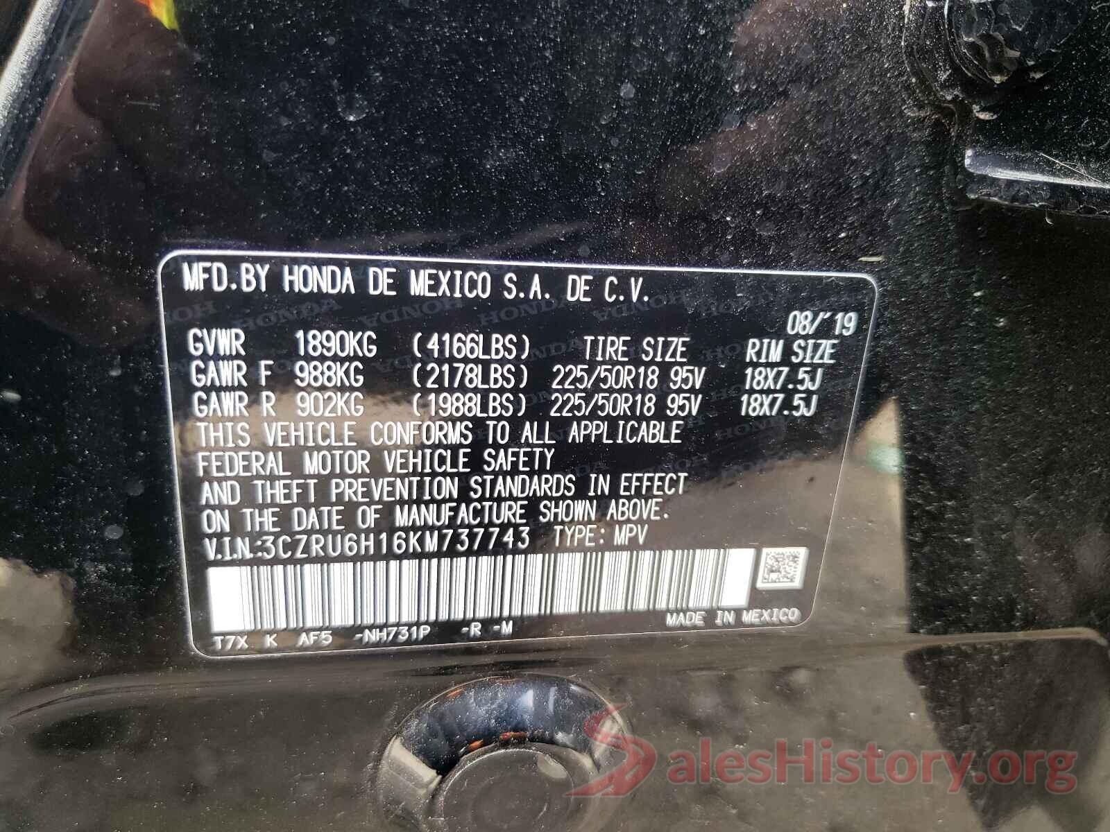 3CZRU6H16KM737743 2019 HONDA HR-V