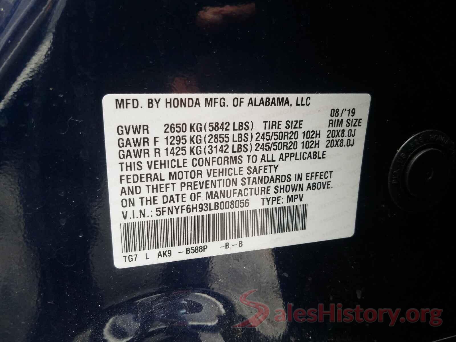 5FNYF6H93LB008056 2020 HONDA PILOT