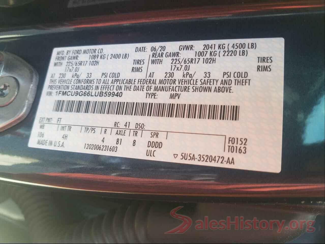 1FMCU9G66LUB59940 2020 FORD ESCAPE