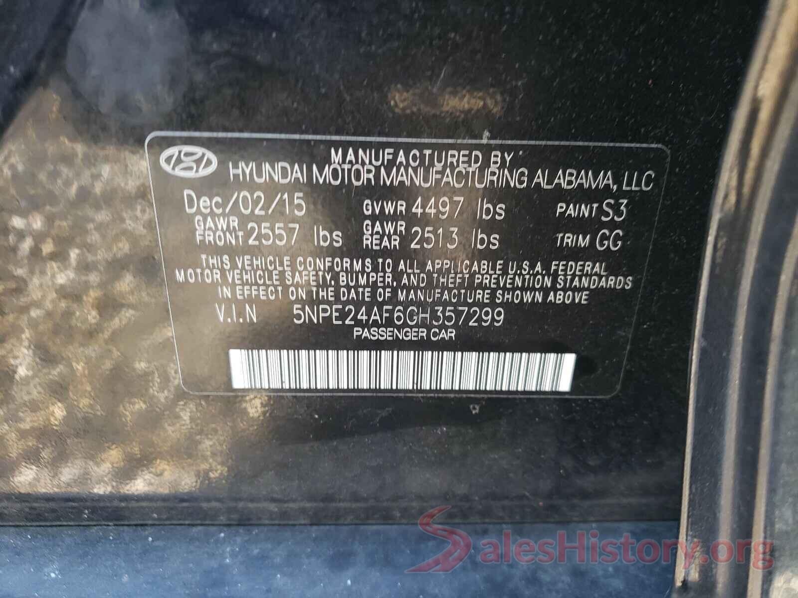 5NPE24AF6GH357299 2016 HYUNDAI SONATA