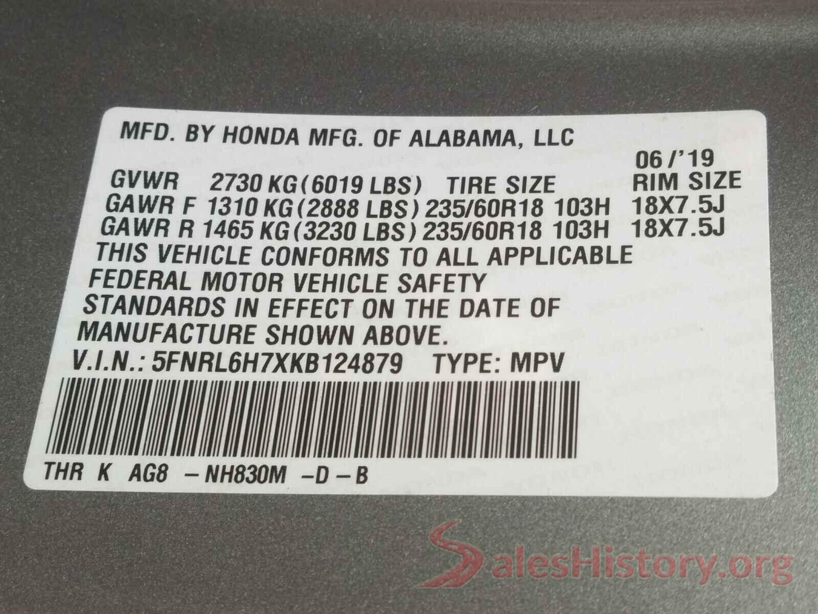 5FNRL6H7XKB124879 2019 HONDA ODYSSEY