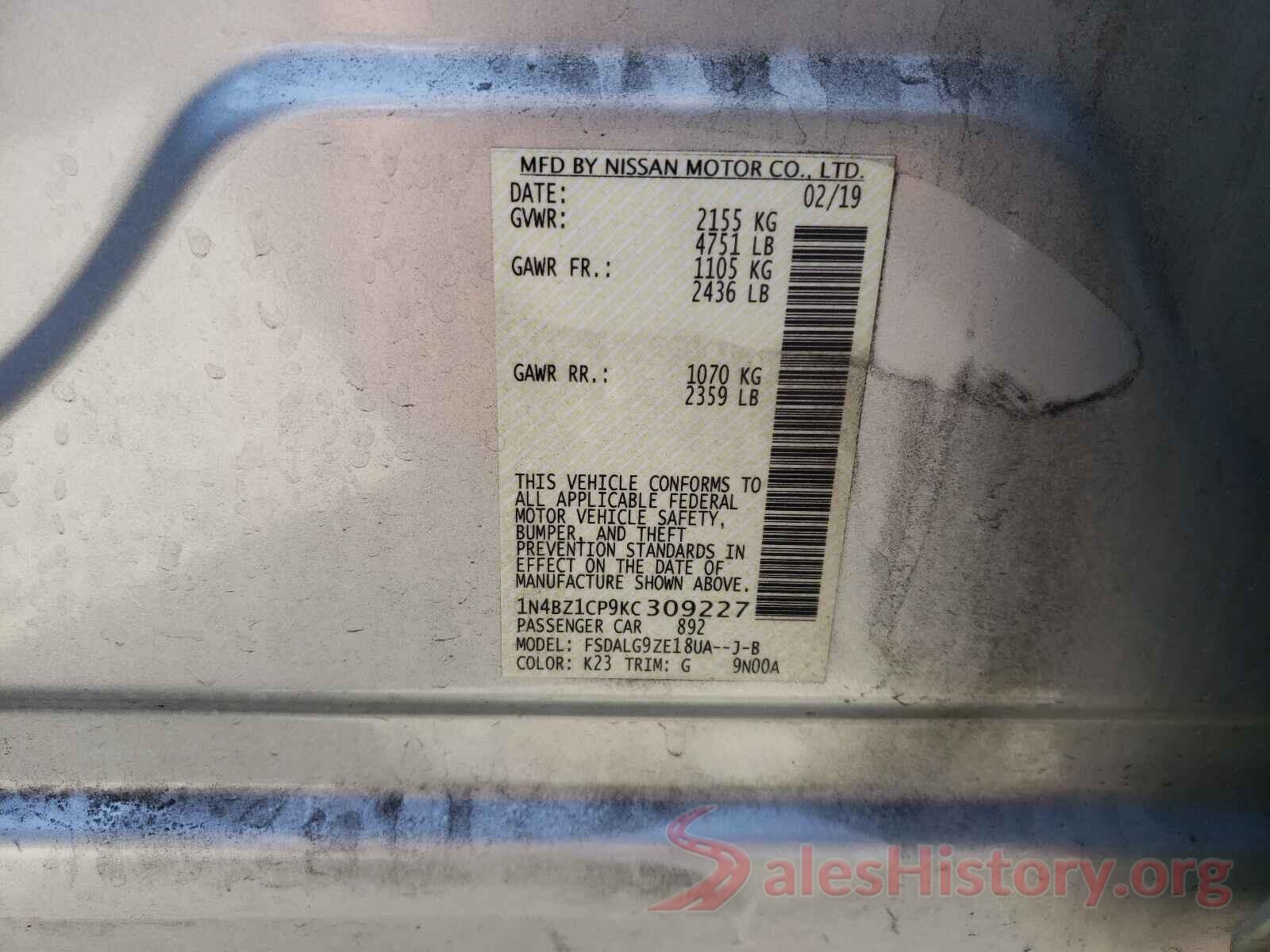 1N4BZ1CP9KC309227 2019 NISSAN LEAF