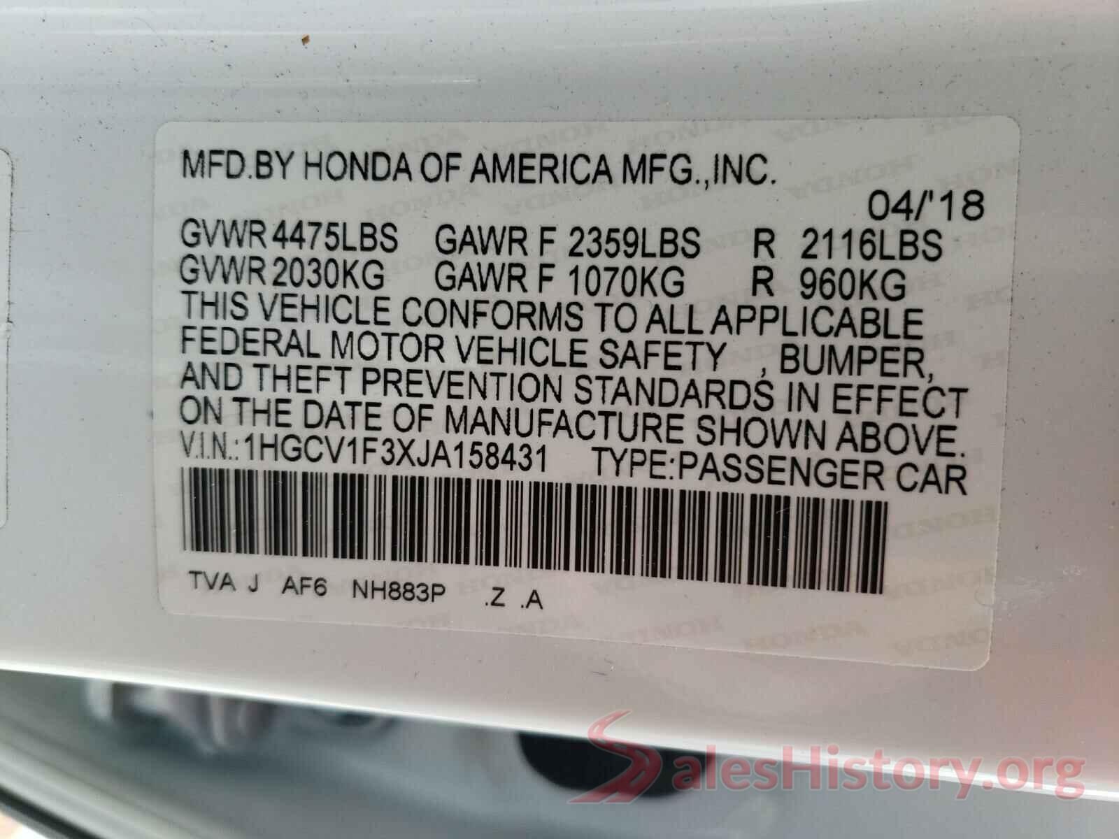 1HGCV1F3XJA158431 2018 HONDA ACCORD