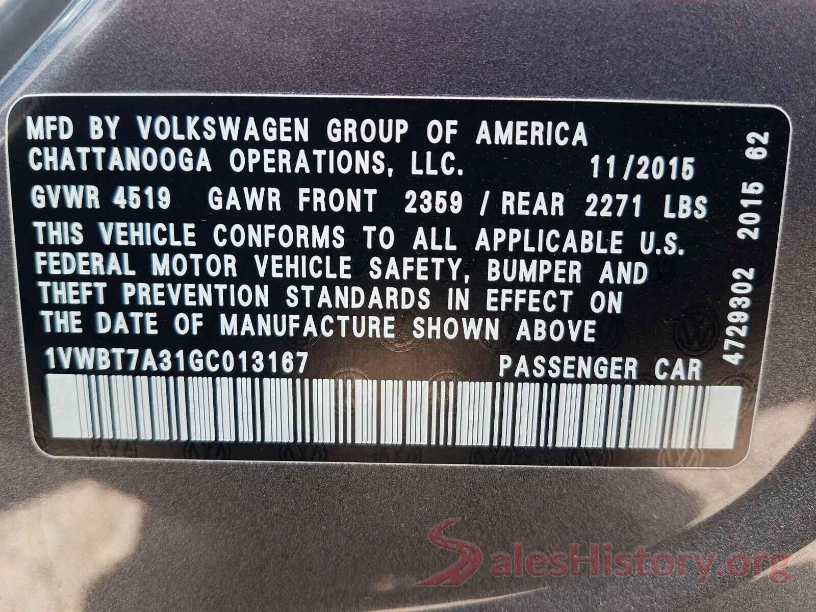 1VWBT7A31GC013167 2016 VOLKSWAGEN PASSAT