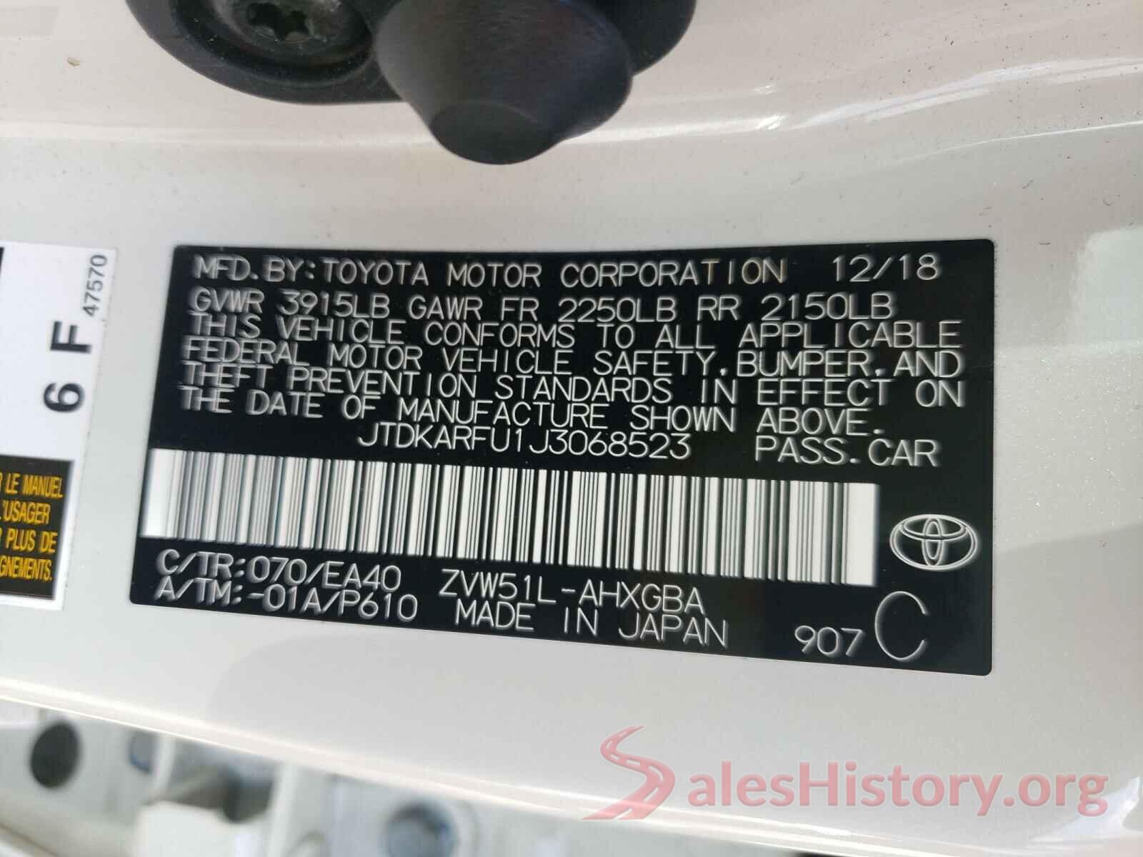 JTDKARFU1J3068523 2018 TOYOTA PRIUS