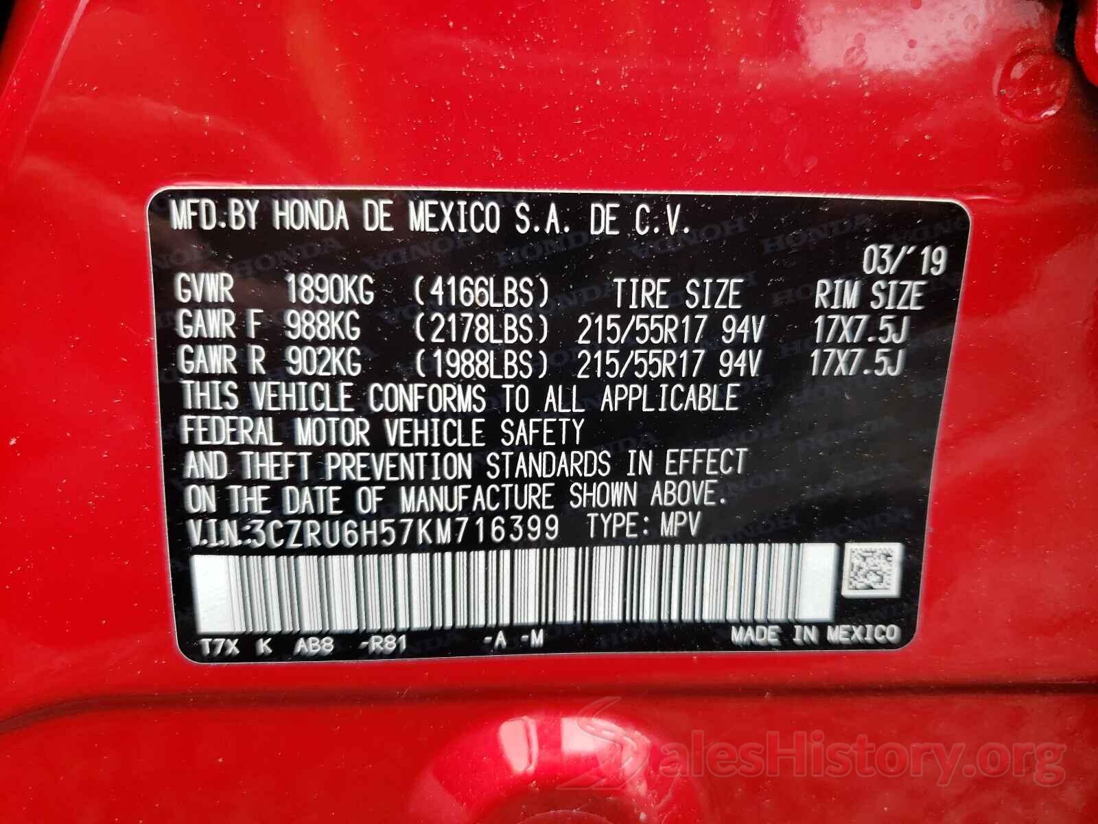 3CZRU6H57KM716399 2019 HONDA HR-V