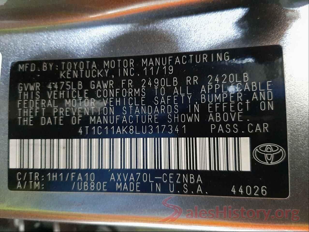 4T1C11AK8LU317341 2020 TOYOTA CAMRY