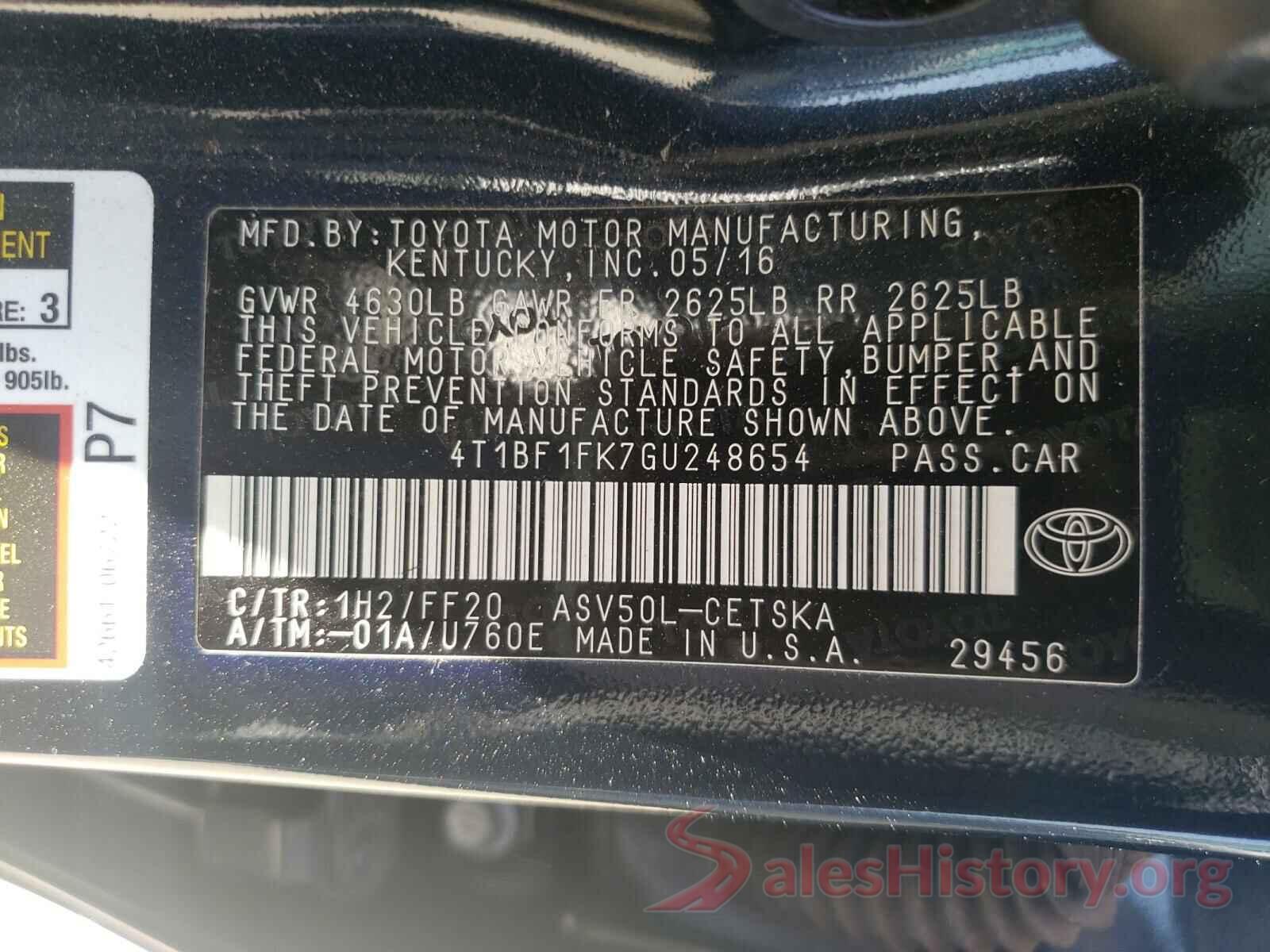 4T1BF1FK7GU248654 2016 TOYOTA CAMRY