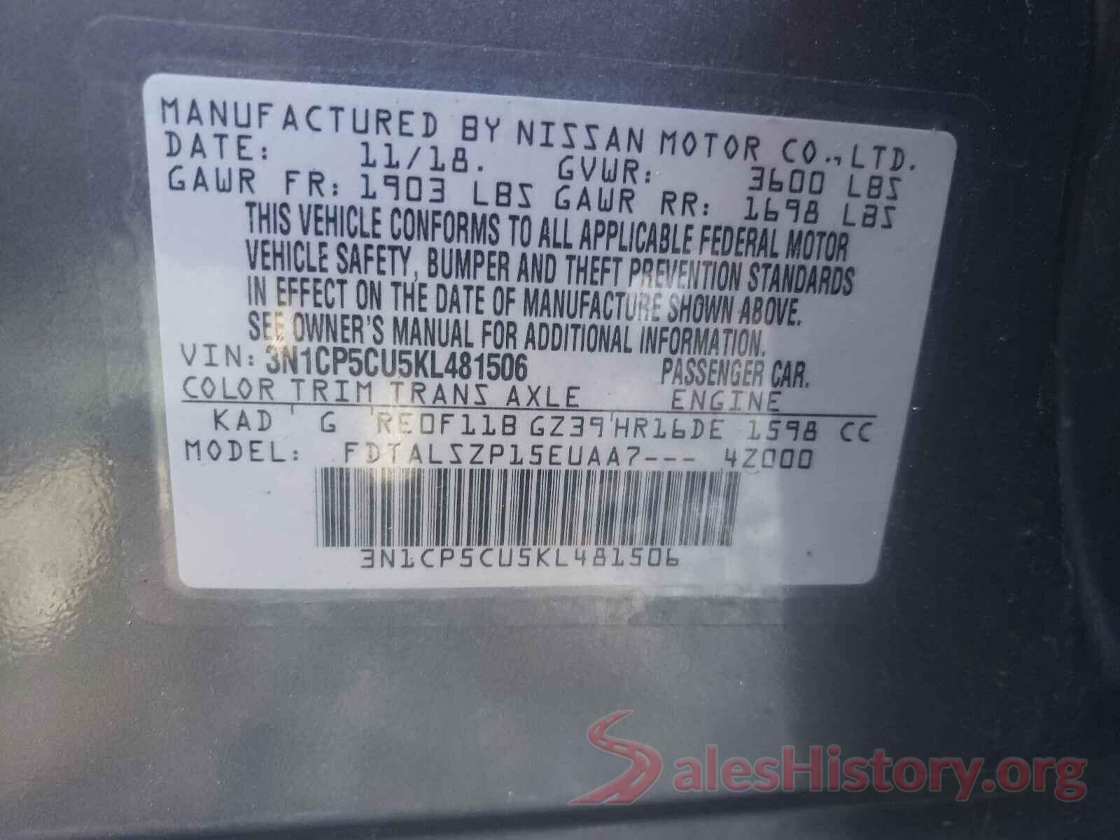 3N1CP5CU5KL481506 2019 NISSAN KICKS