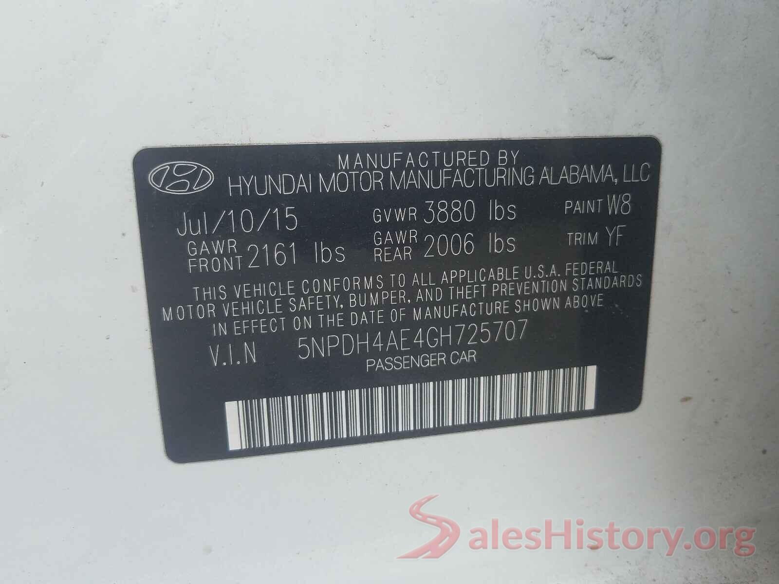 5NPDH4AE4GH725707 2016 HYUNDAI ELANTRA