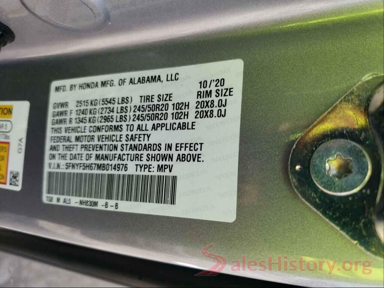 5FNYF5H67MB014976 2021 HONDA PILOT