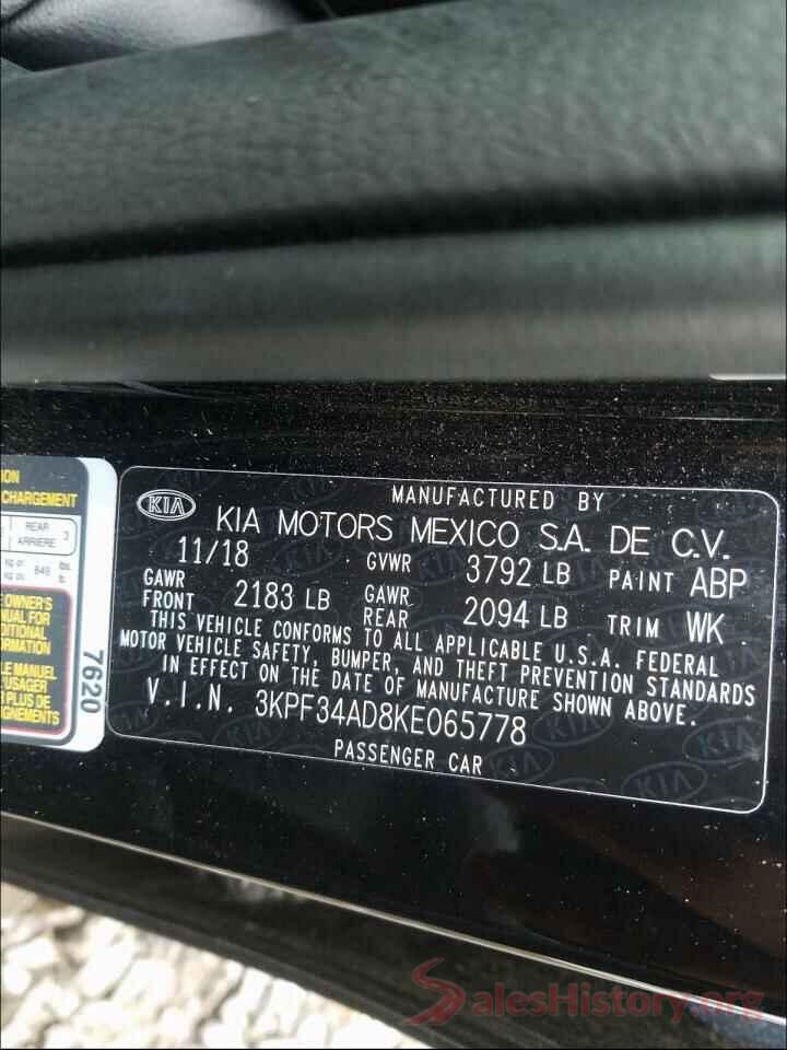 3KPF34AD8KE065778 2019 KIA FORTE