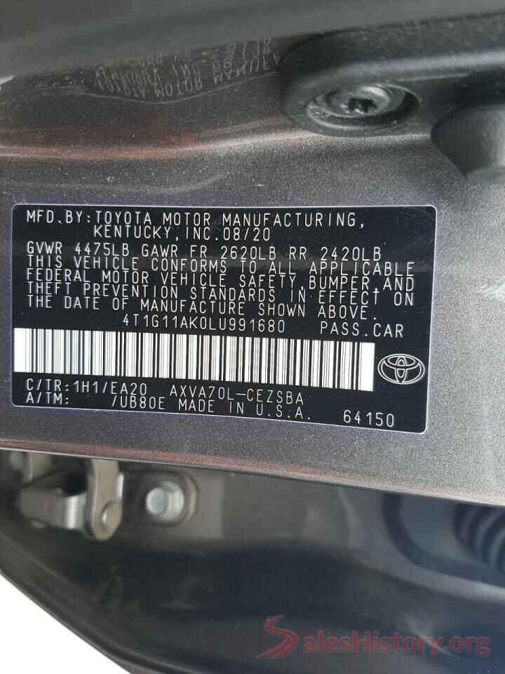 4T1G11AK0LU991680 2020 TOYOTA CAMRY