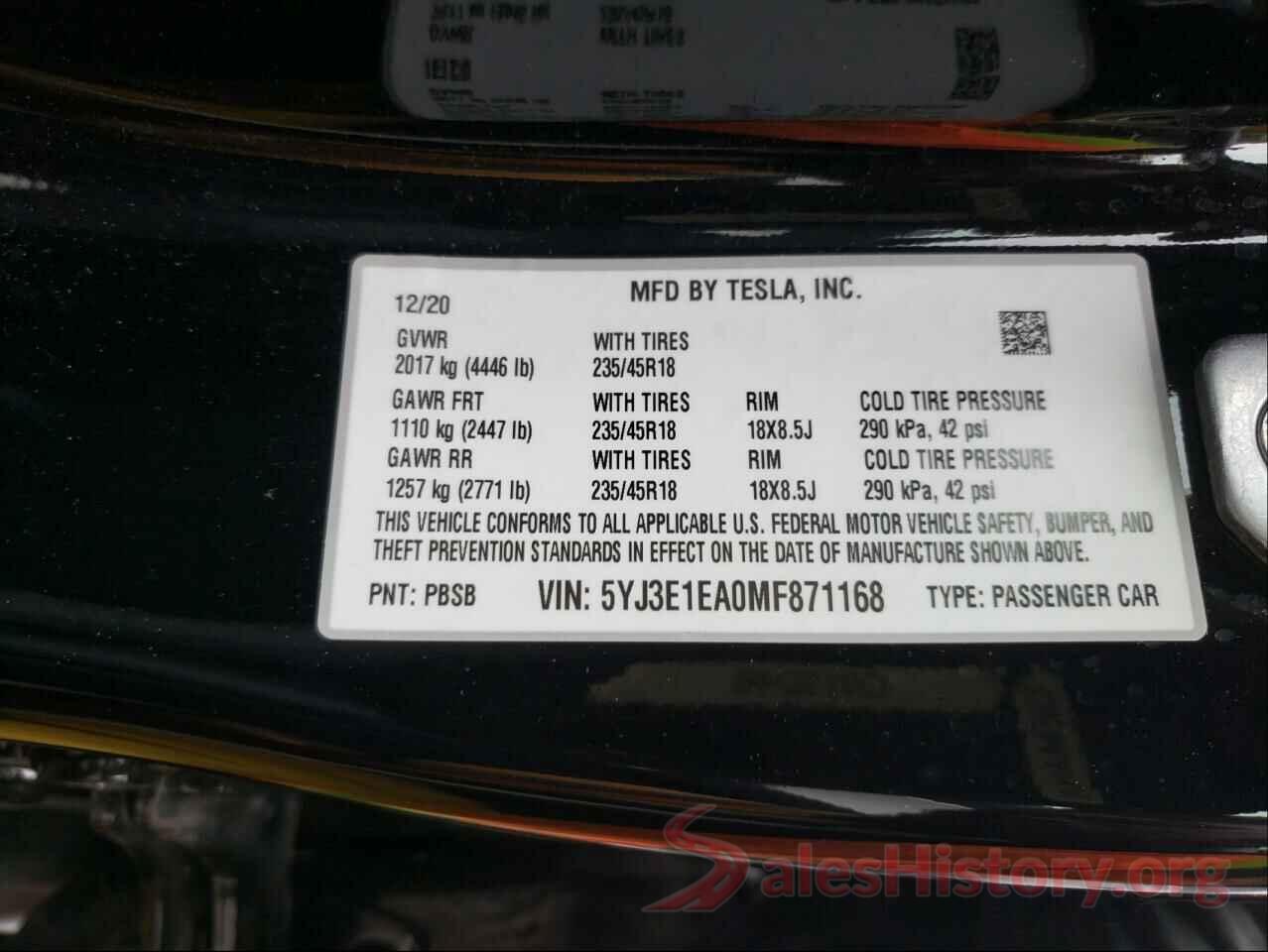 5YJ3E1EA0MF871168 2021 TESLA MODEL 3