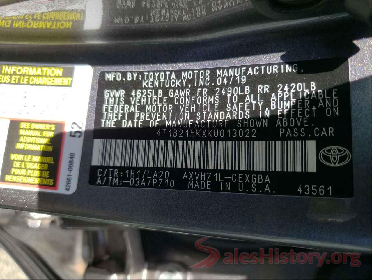 4T1B21HKXKU013022 2019 TOYOTA CAMRY