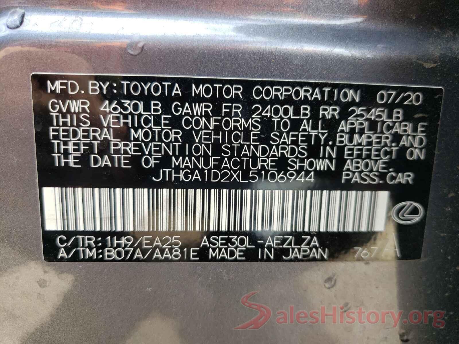 JTHGA1D2XL5106944 2020 LEXUS IS