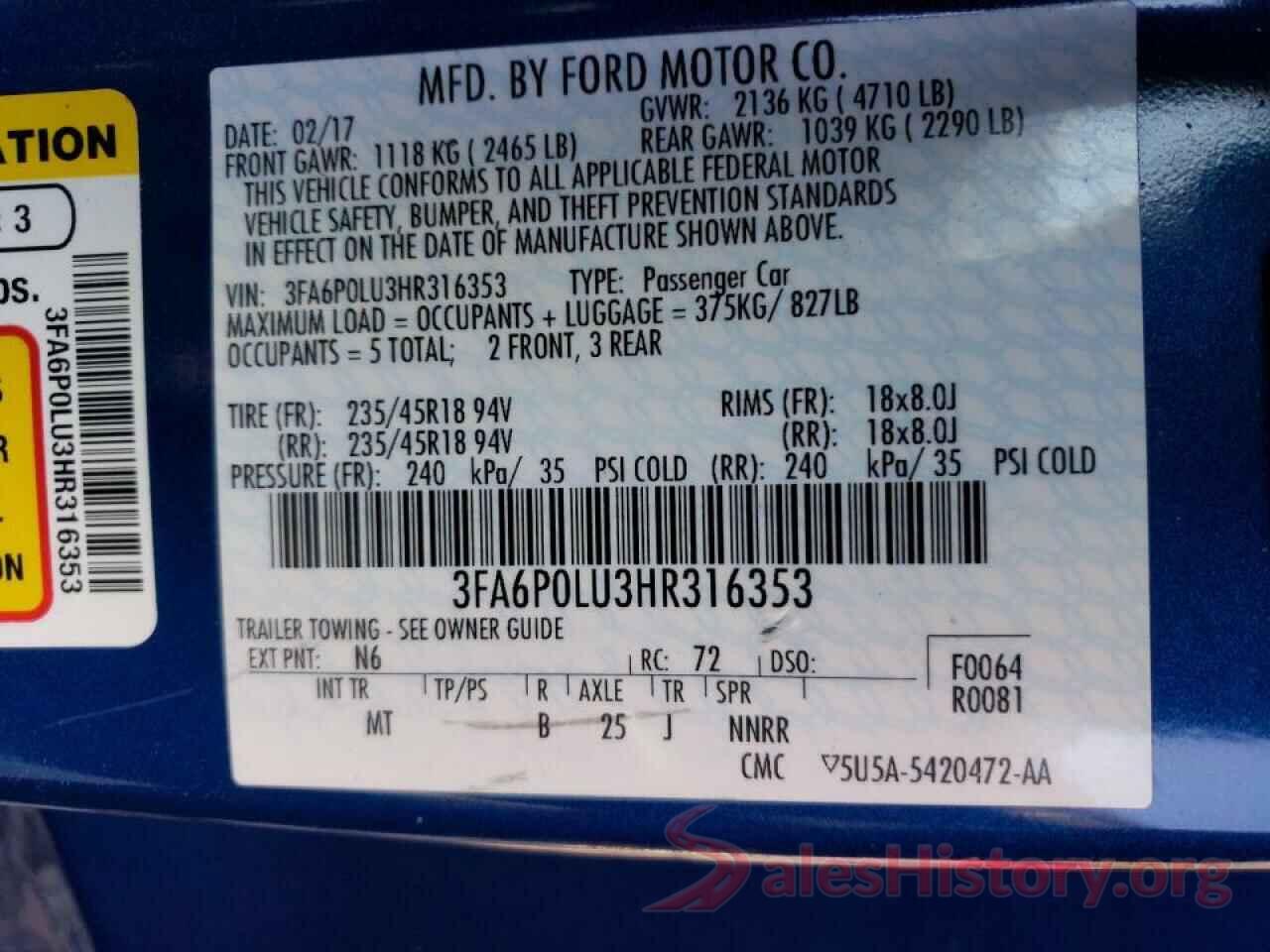 3FA6P0LU3HR316353 2017 FORD FUSION