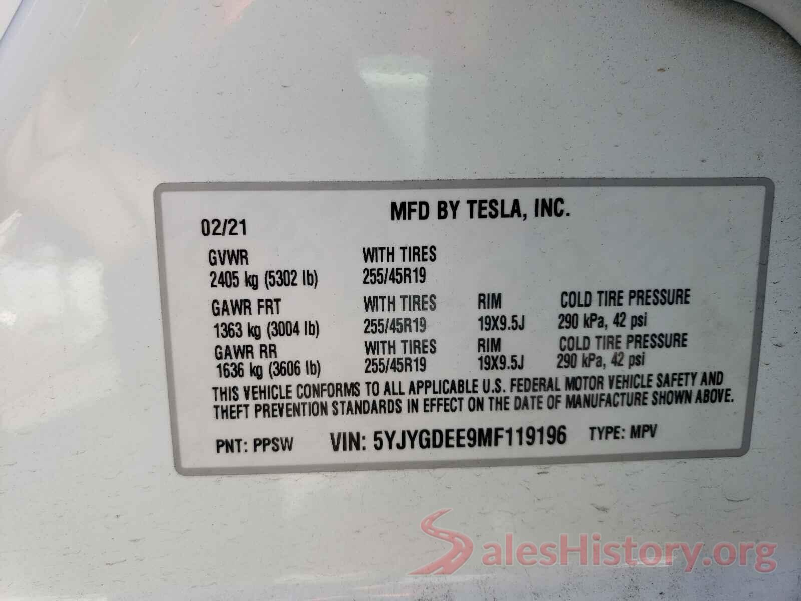 5YJYGDEE9MF119196 2021 TESLA MODEL Y