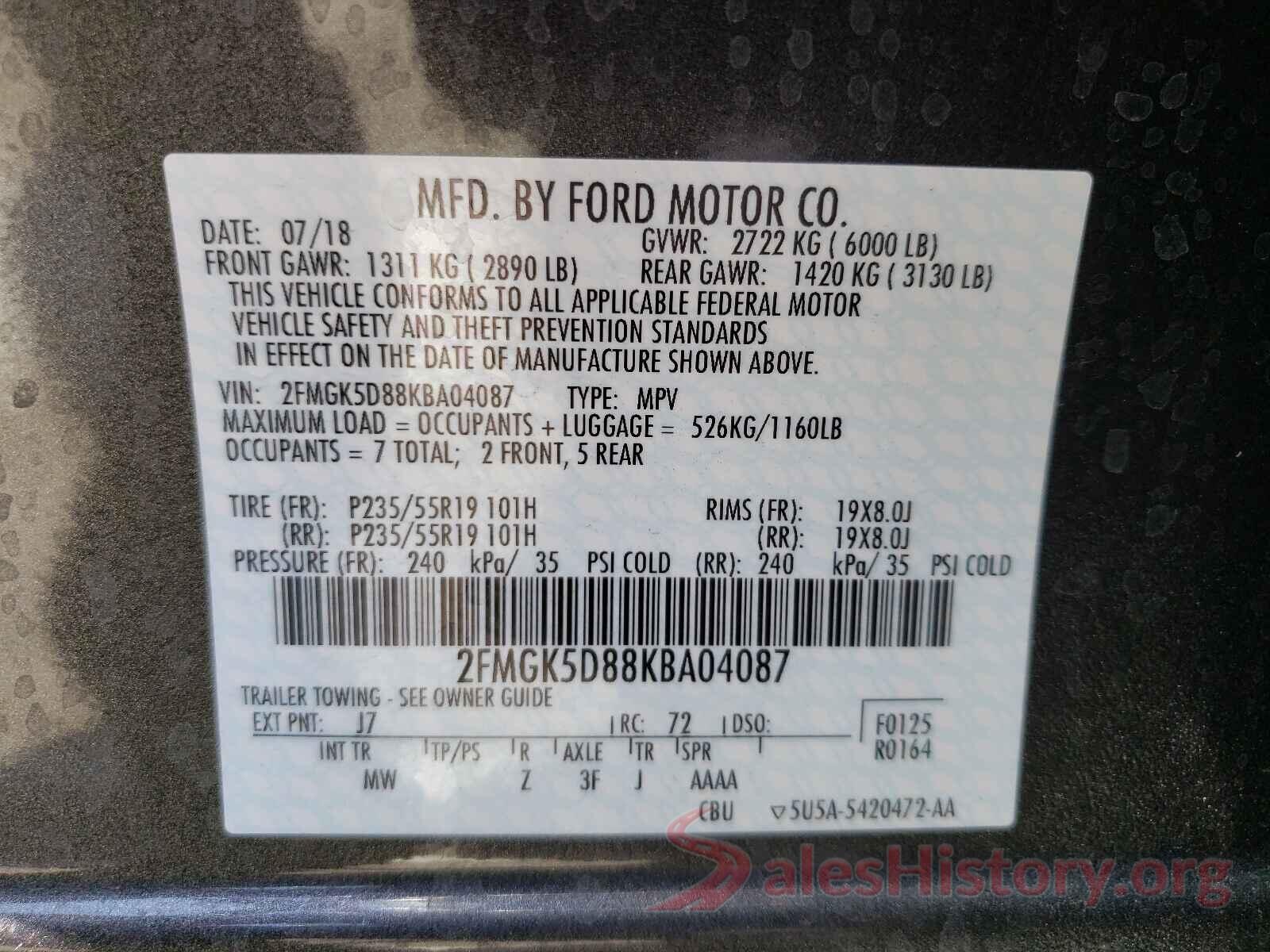 2FMGK5D88KBA04087 2019 FORD FLEX