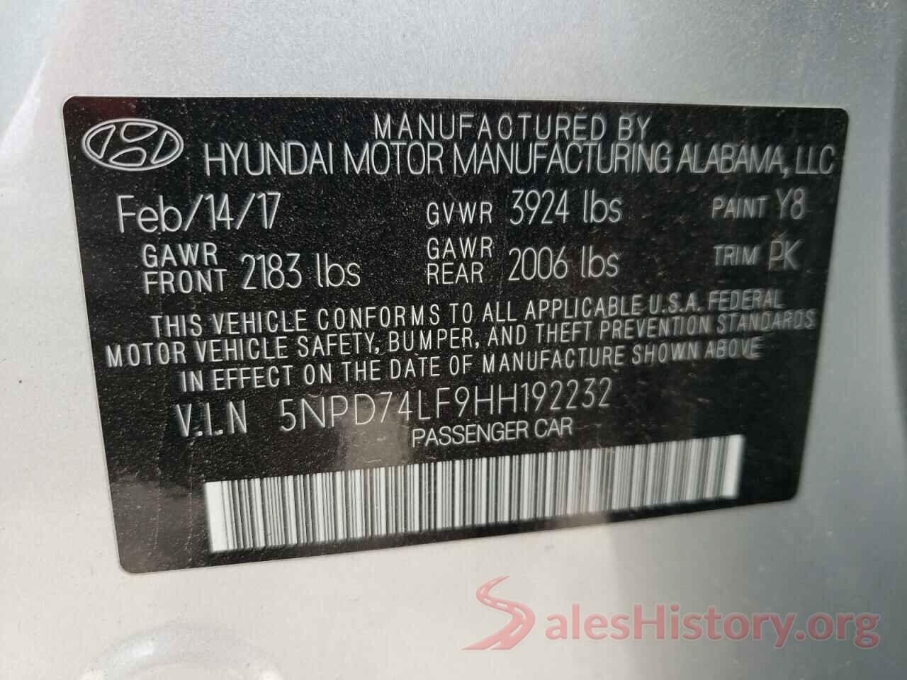 5NPD74LF9HH192232 2017 HYUNDAI ELANTRA