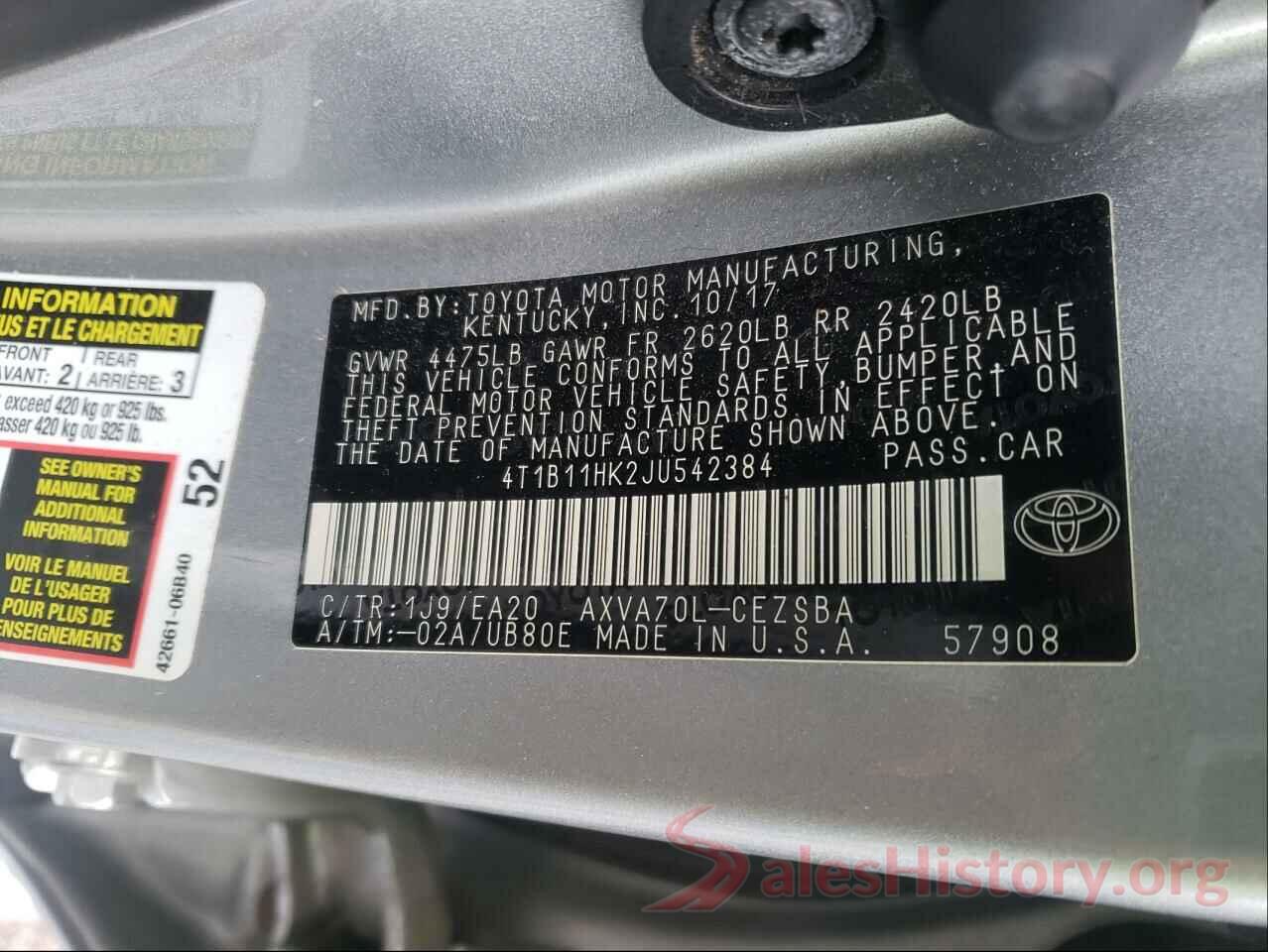 4T1B11HK2JU542384 2018 TOYOTA CAMRY