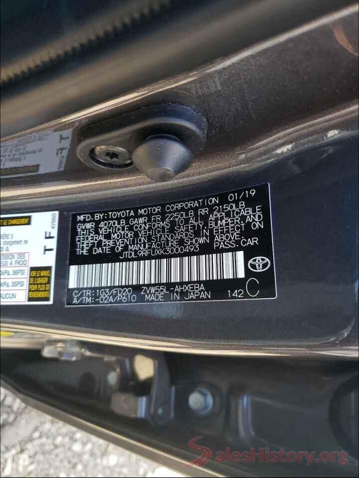 JTDL9RFUXK3000493 2019 TOYOTA PRIUS