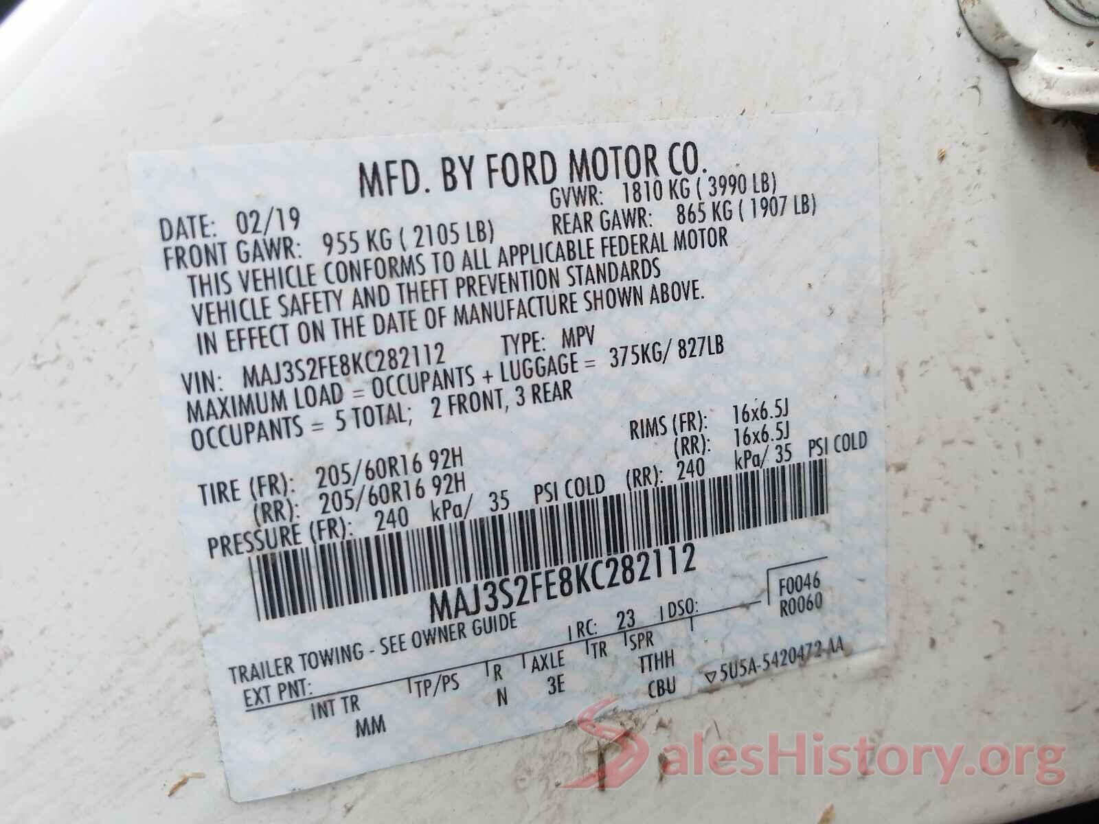 MAJ3S2FE8KC282112 2019 FORD ALL OTHER