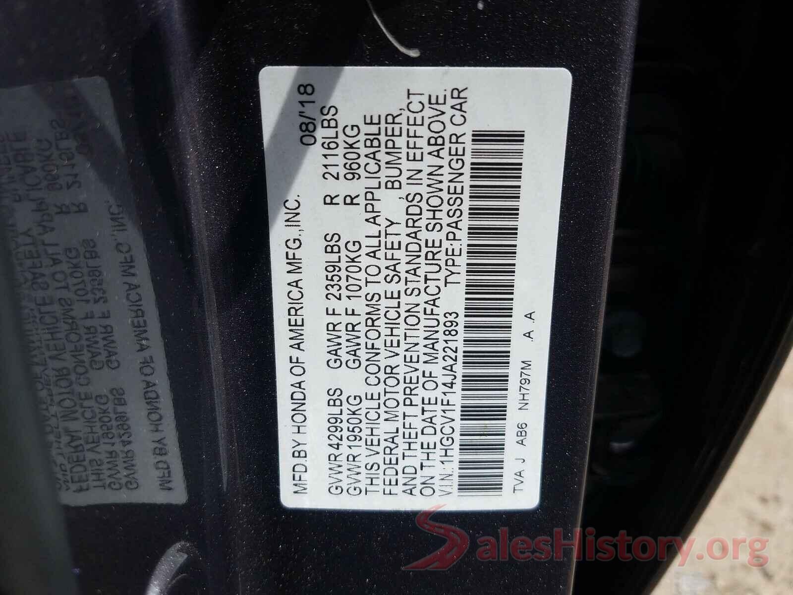 1HGCV1F14JA221893 2018 HONDA ACCORD