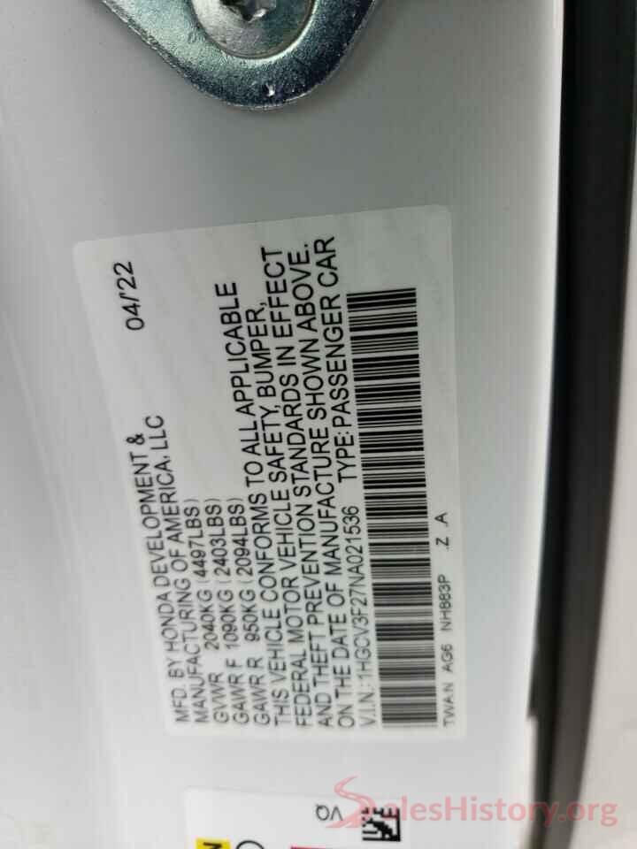 1HGCV3F27NA021536 2022 HONDA ACCORD