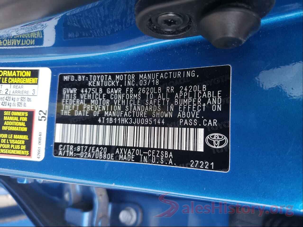 4T1B11HK3JU095144 2018 TOYOTA CAMRY