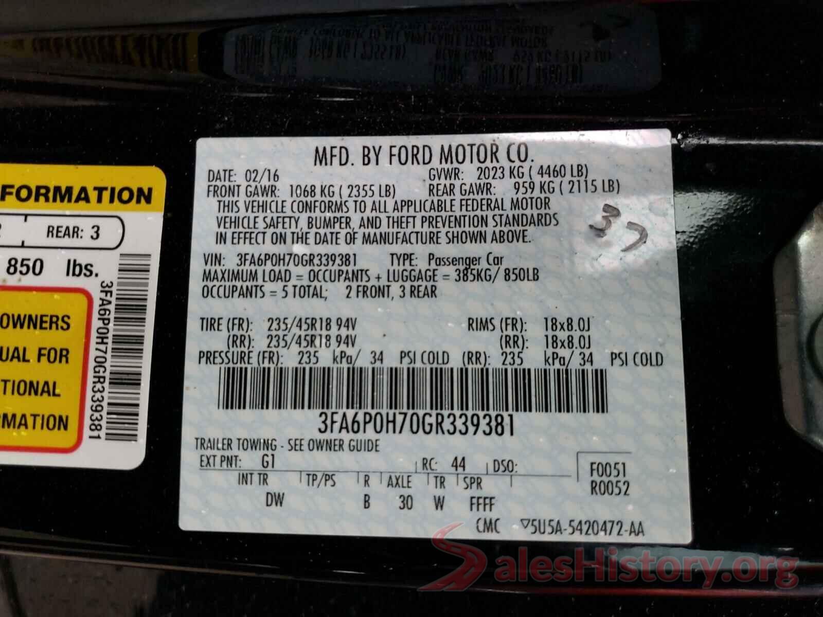 3FA6P0H70GR339381 2016 FORD FUSION