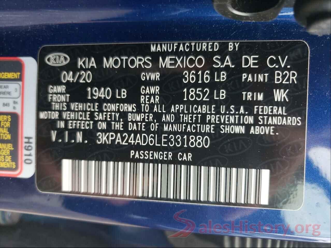 3KPA24AD6LE331880 2020 KIA RIO