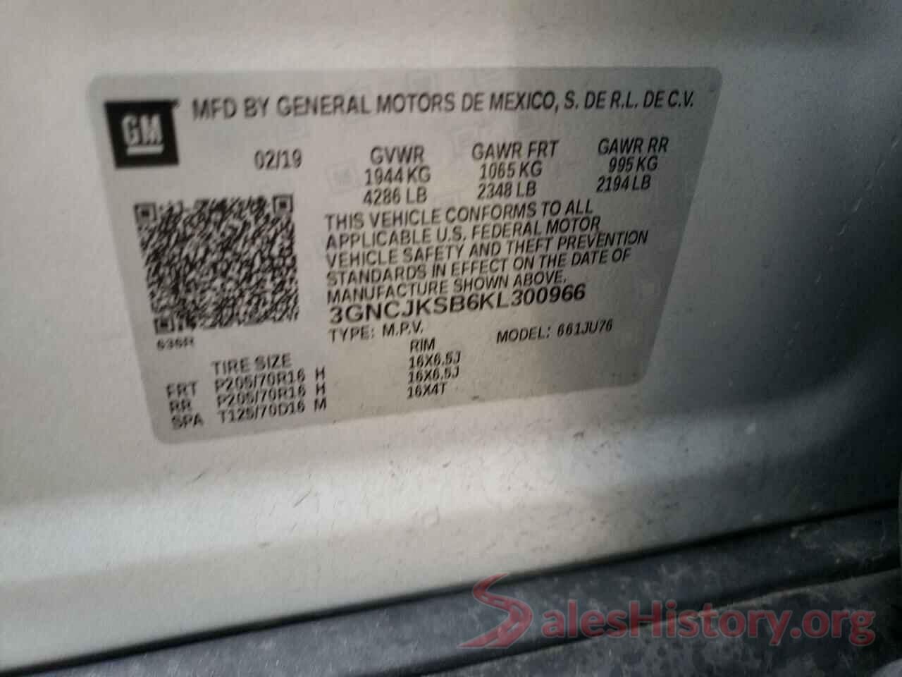 3GNCJKSB6KL300966 2019 CHEVROLET TRAX