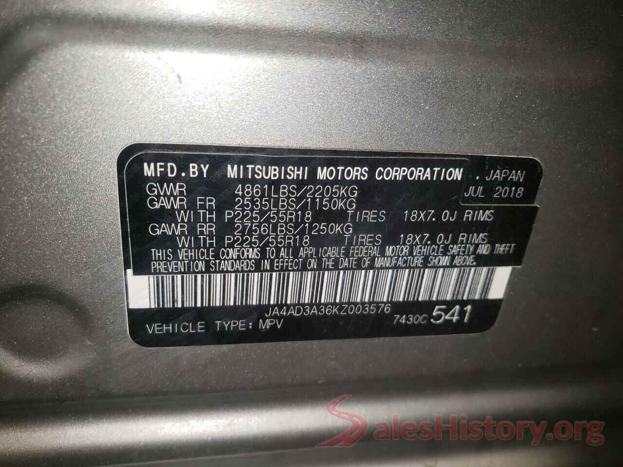 JA4AD3A36KZ003576 2019 MITSUBISHI OUTLANDER