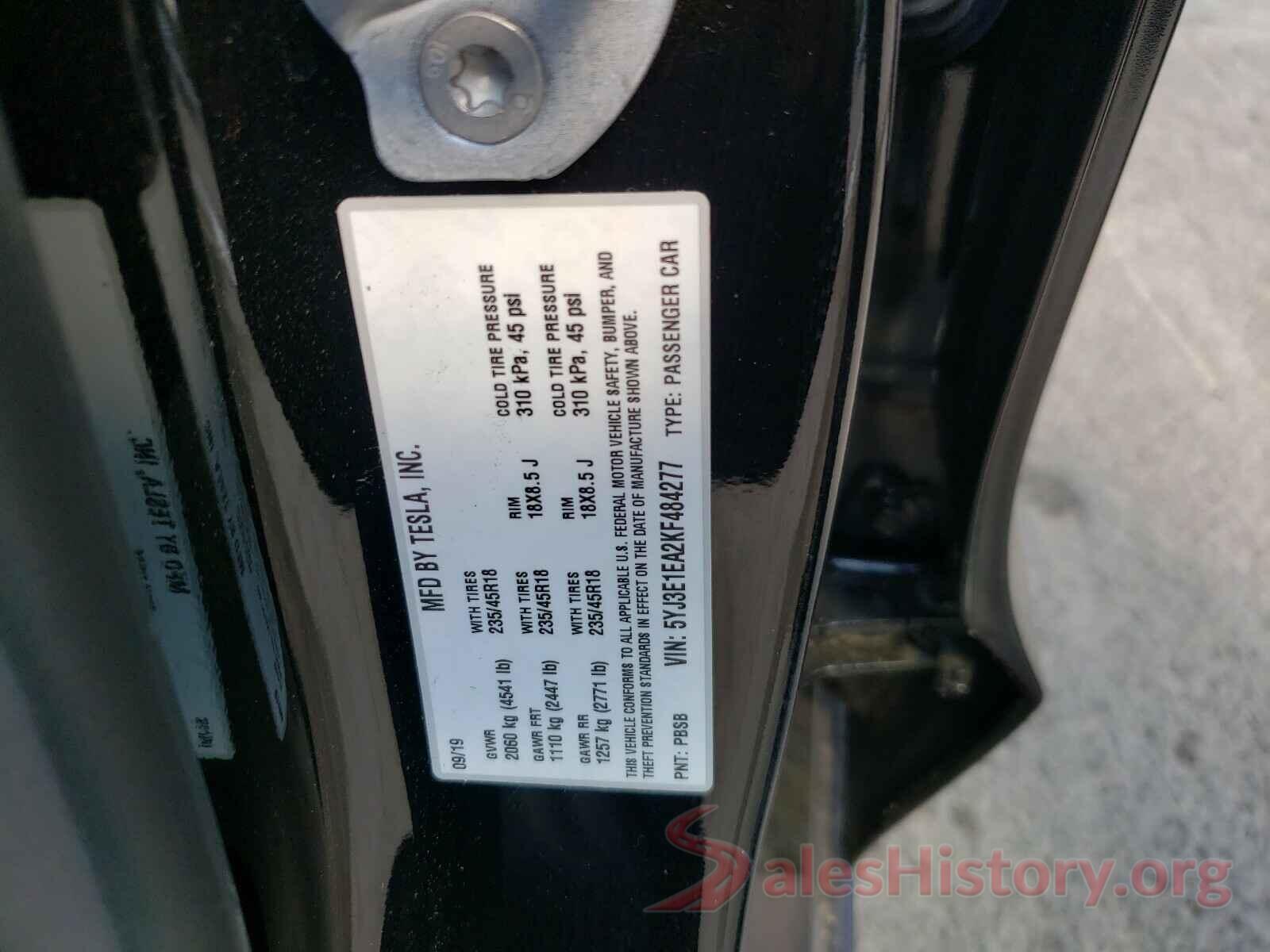 5YJ3E1EA2KF484277 2019 TESLA MODEL 3