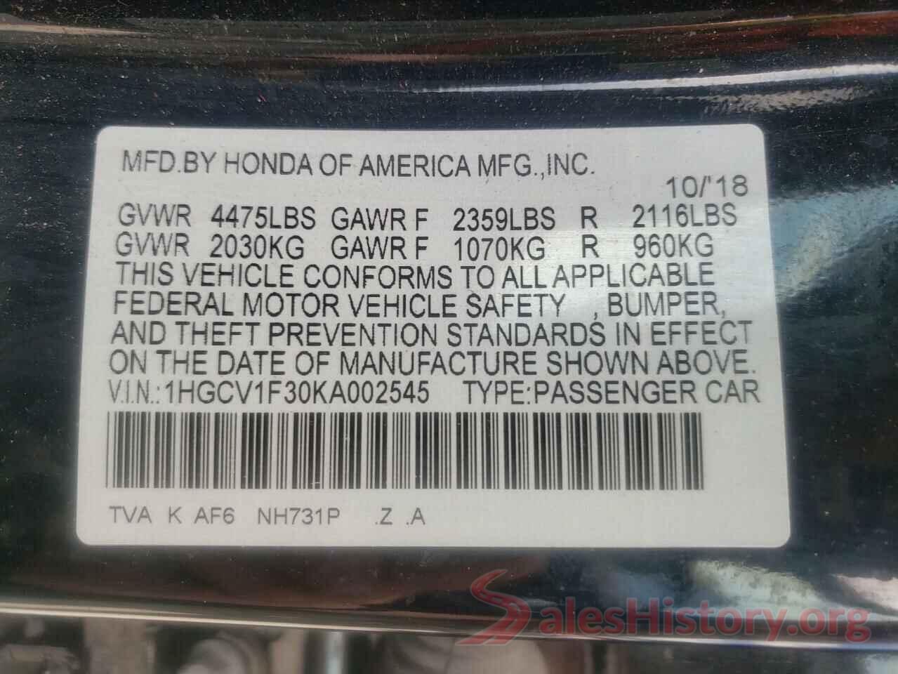 1HGCV1F30KA002545 2019 HONDA ACCORD