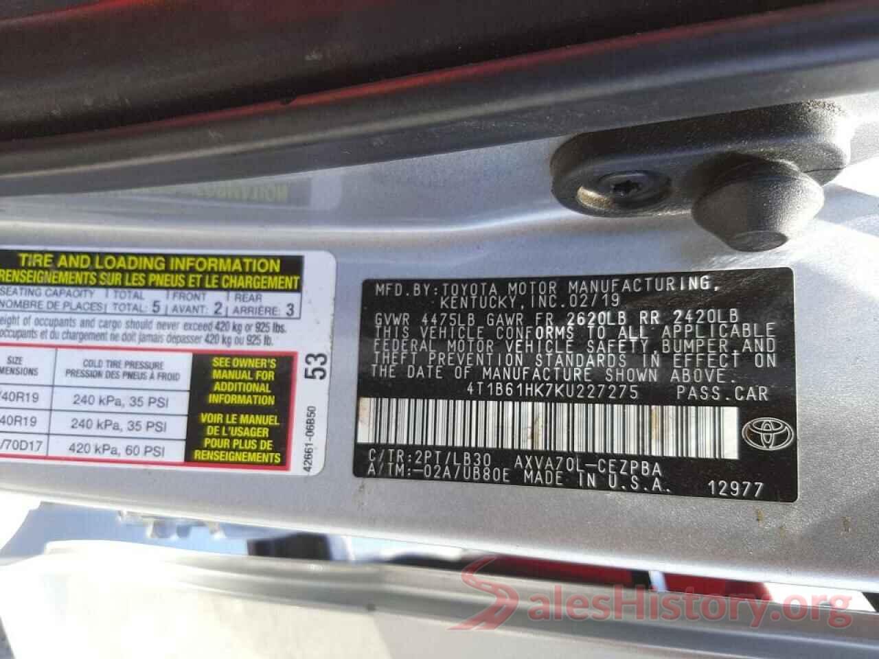 4T1B61HK7KU227275 2019 TOYOTA CAMRY