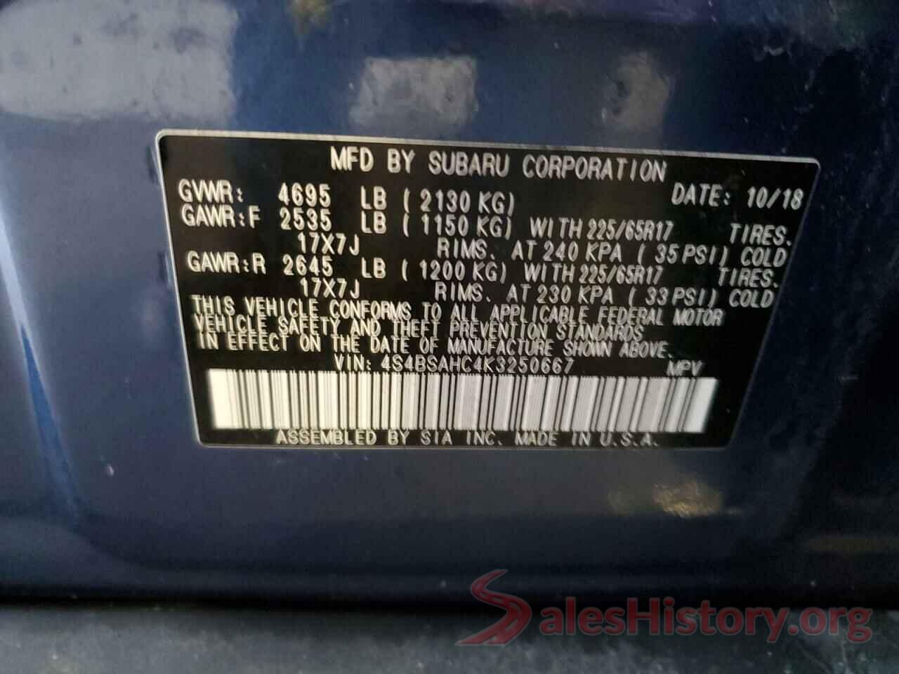 4S4BSAHC4K3250667 2019 SUBARU OUTBACK