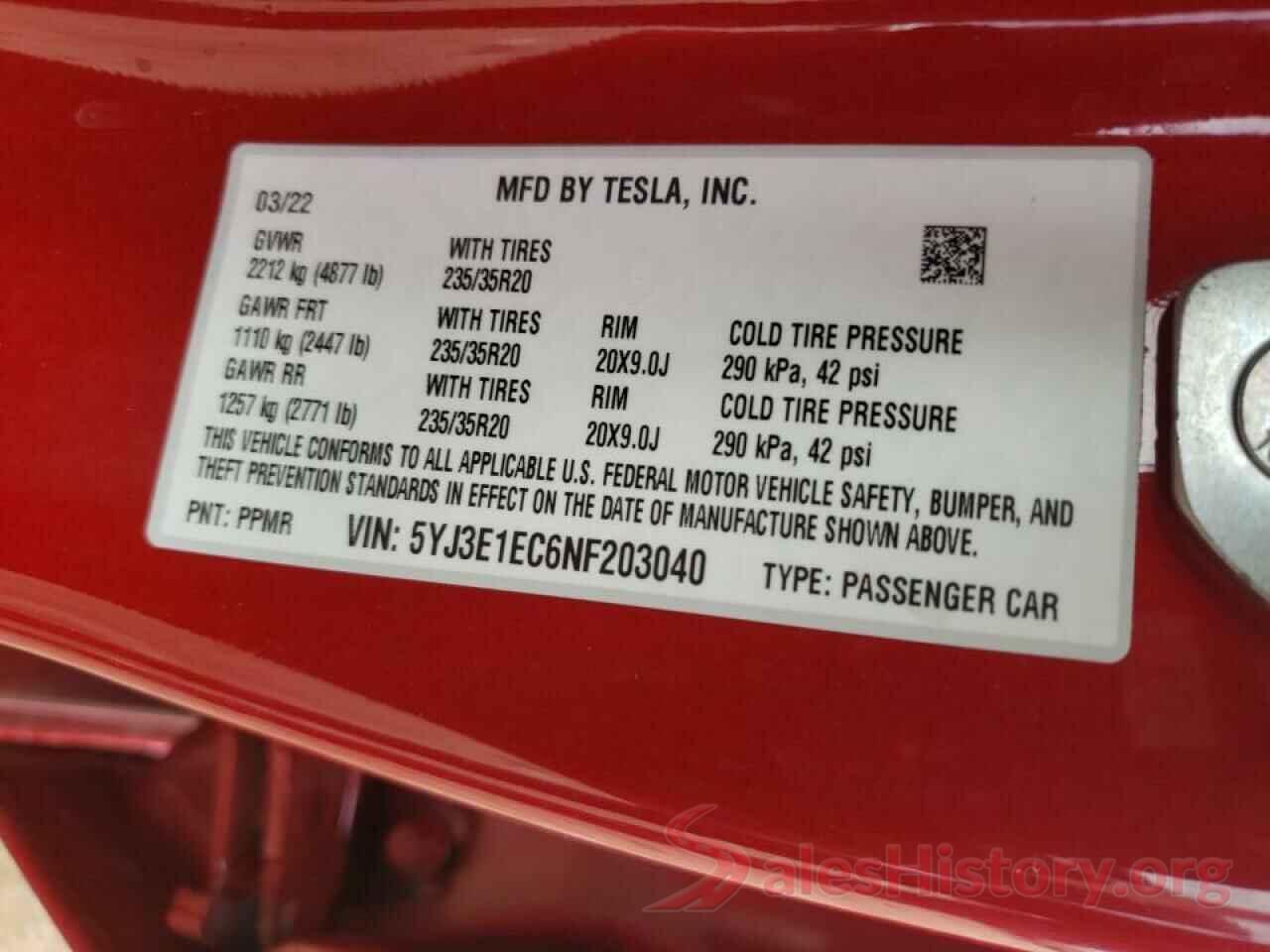 5YJ3E1EC6NF203040 2022 TESLA MODEL 3