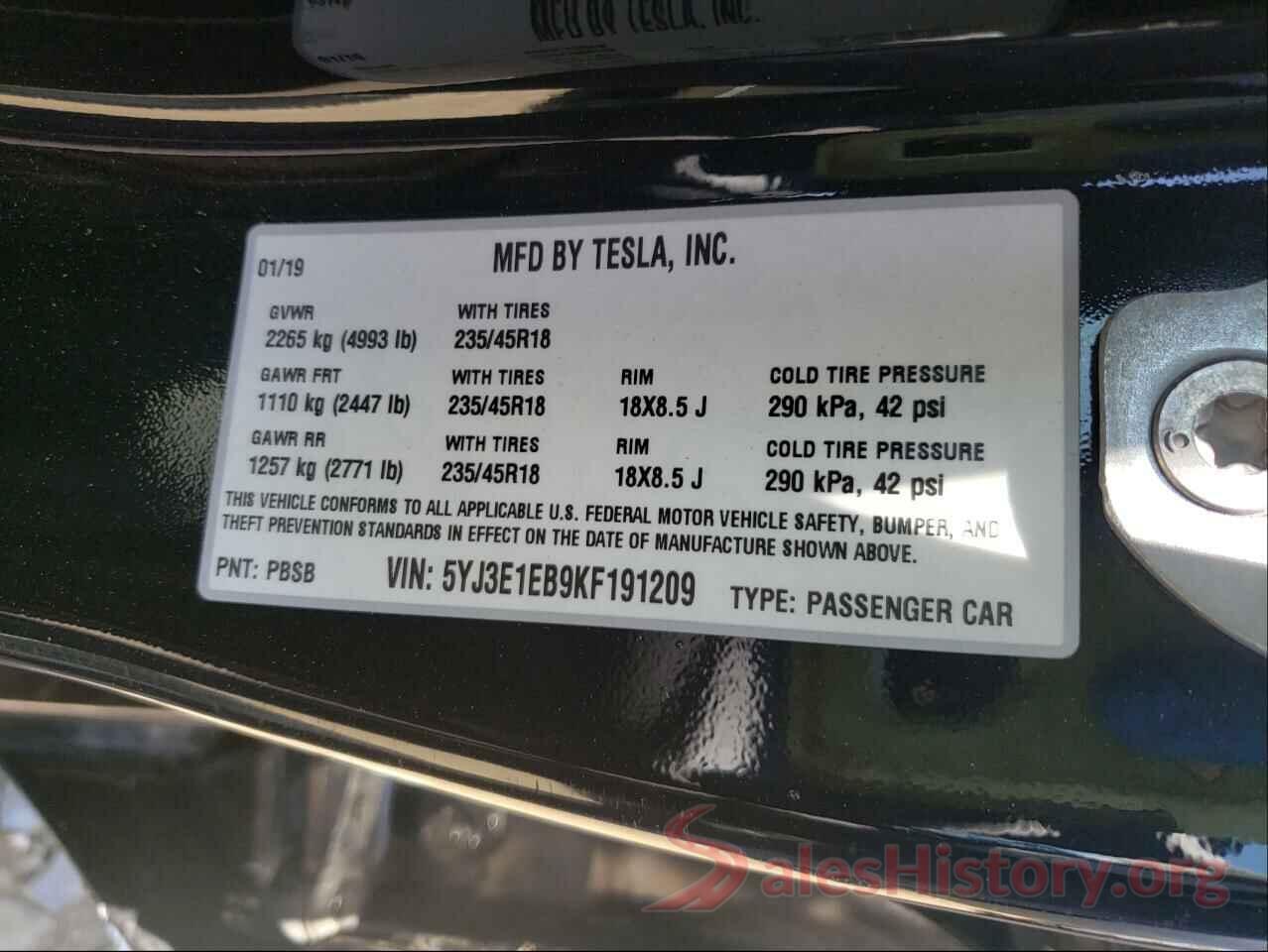 5YJ3E1EB9KF191209 2019 TESLA MODEL 3