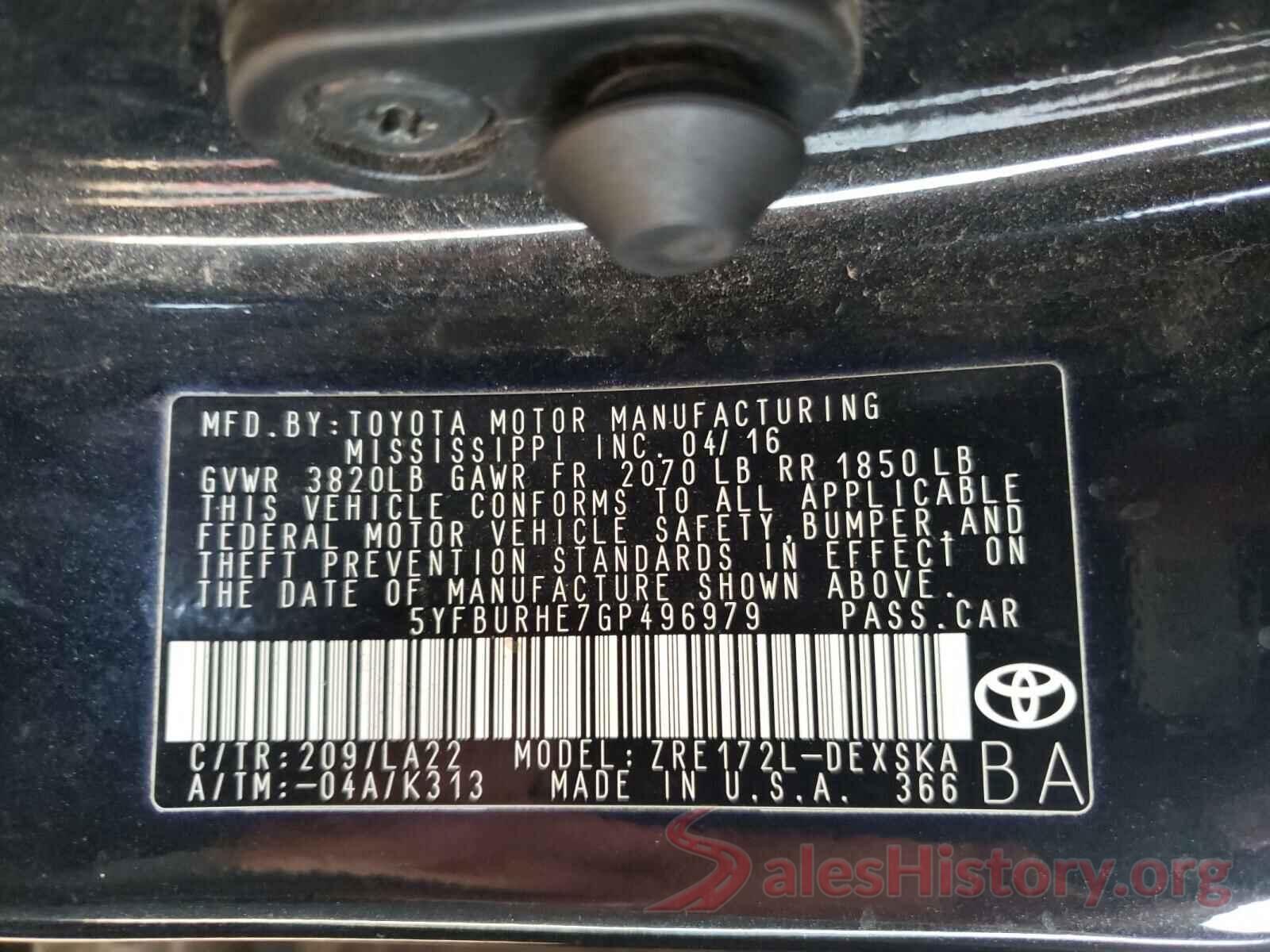 5YFBURHE7GP496979 2016 TOYOTA COROLLA