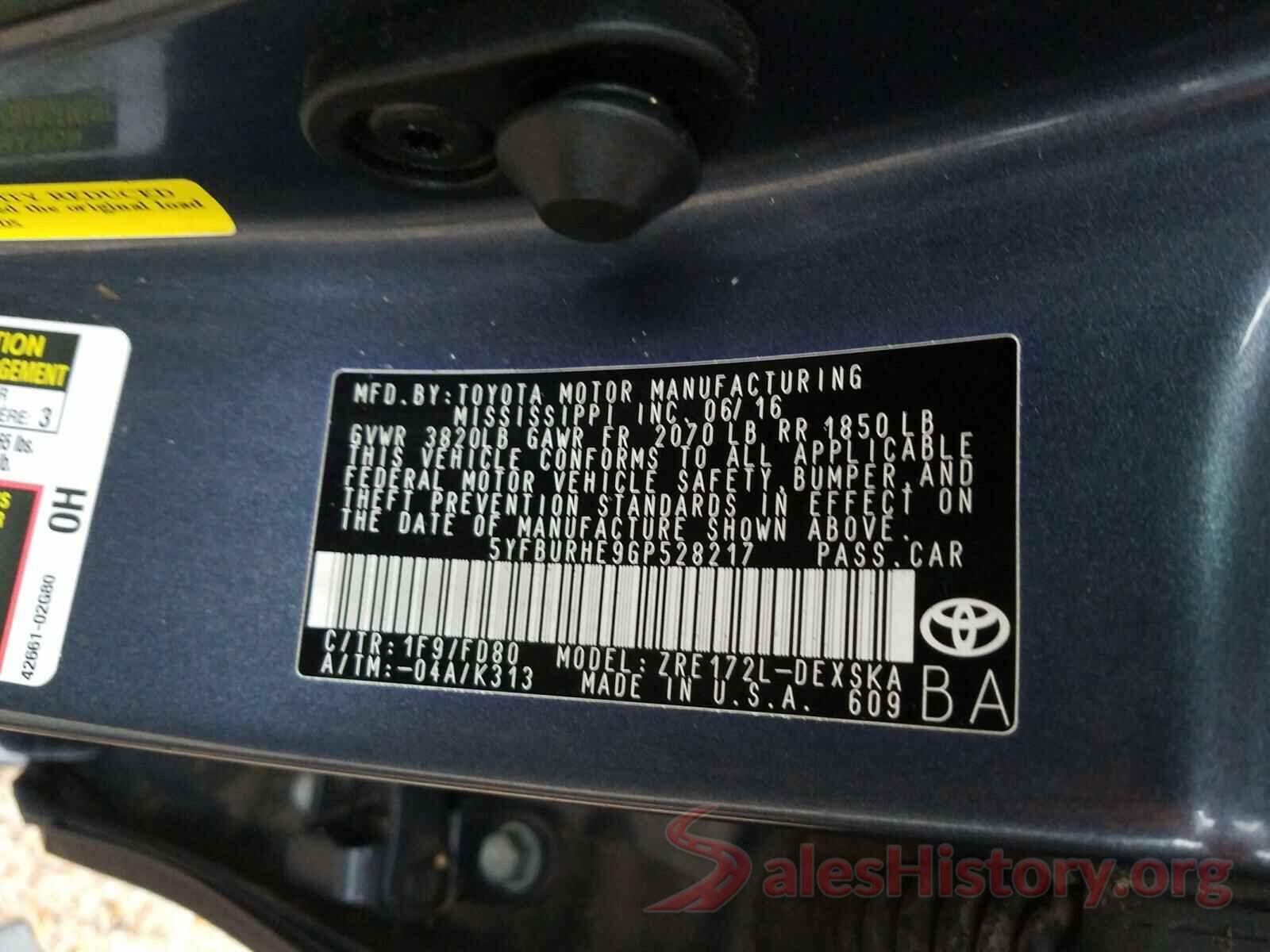 5YFBURHE9GP528217 2016 TOYOTA COROLLA