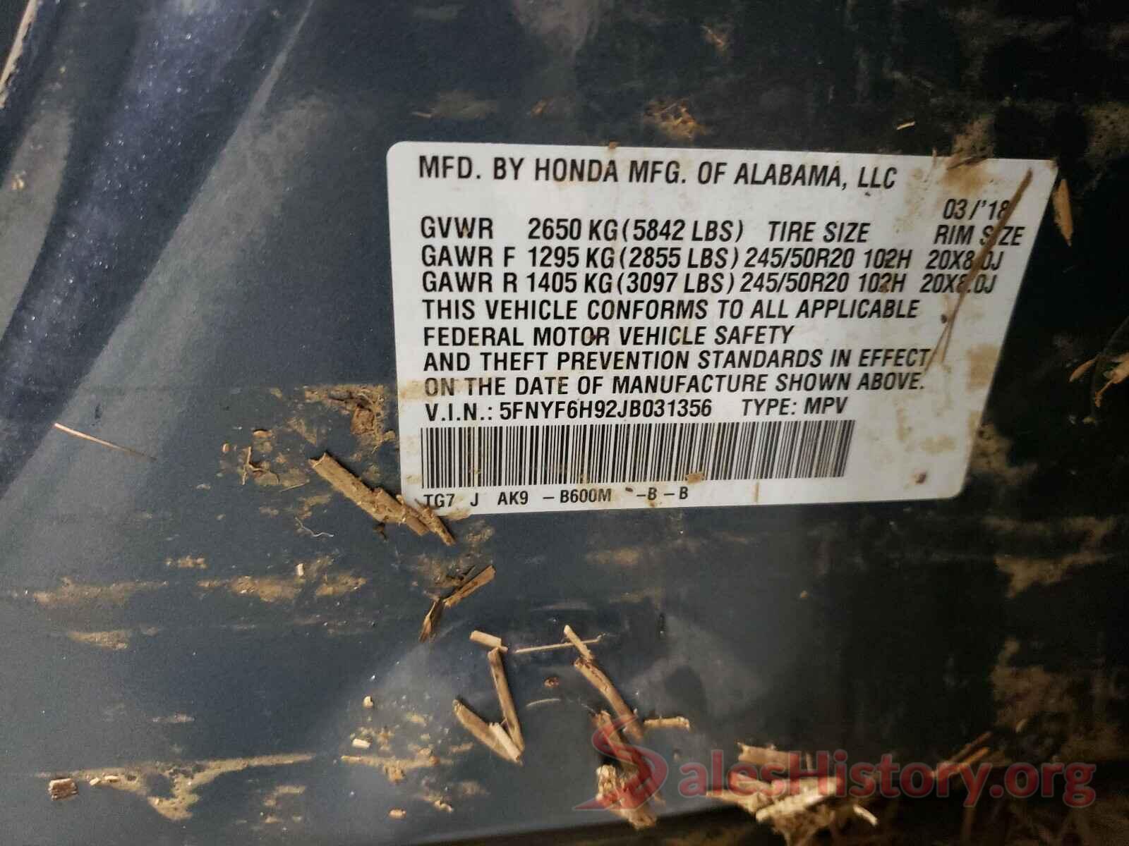 5FNYF6H92JB031356 2018 HONDA PILOT