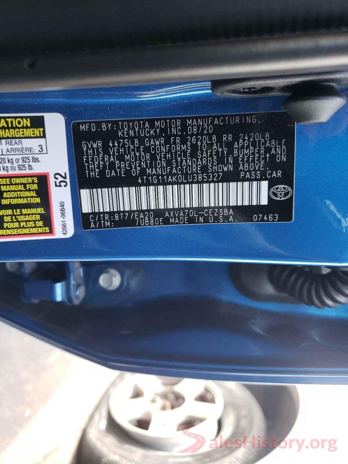 4T1G11AK0LU385327 2020 TOYOTA CAMRY