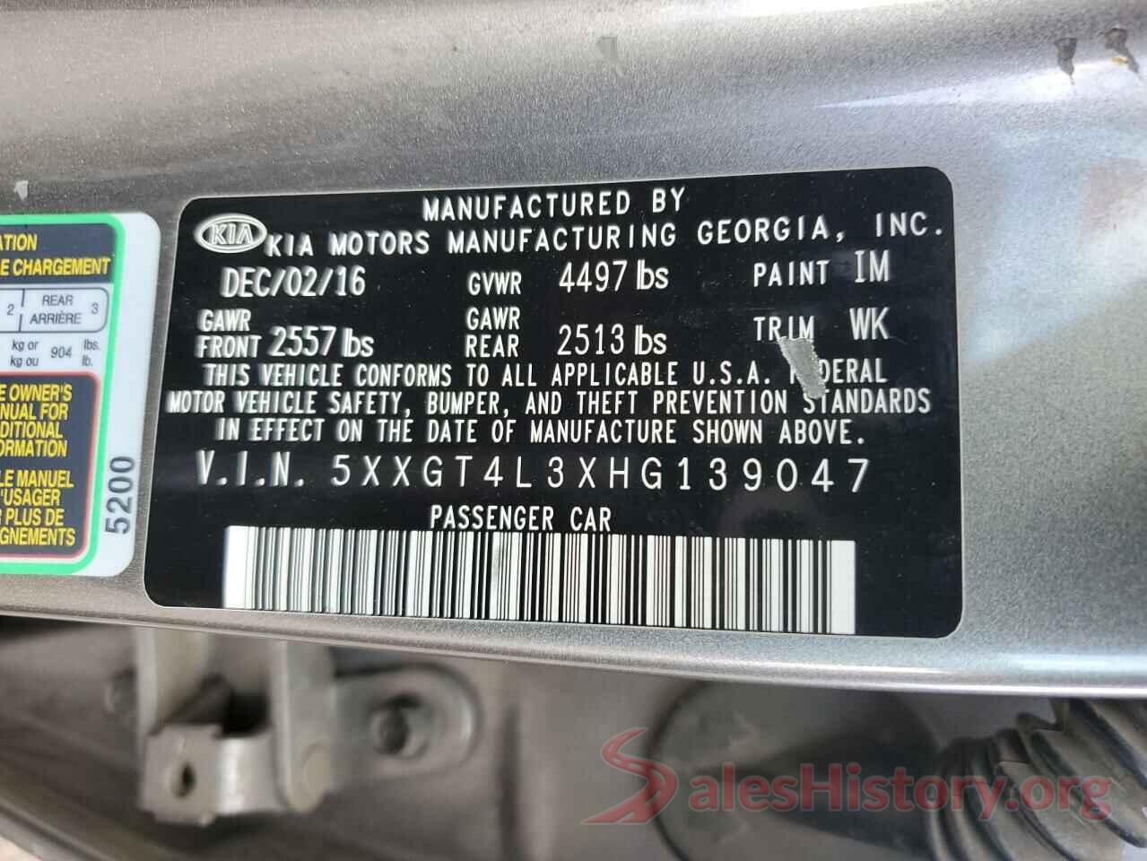 5XXGT4L3XHG139047 2017 KIA OPTIMA