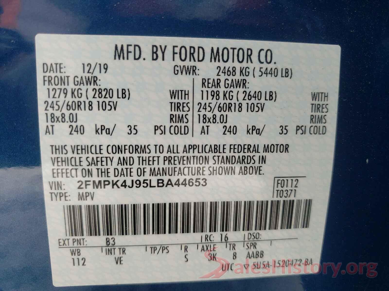 2FMPK4J95LBA44653 2020 FORD EDGE