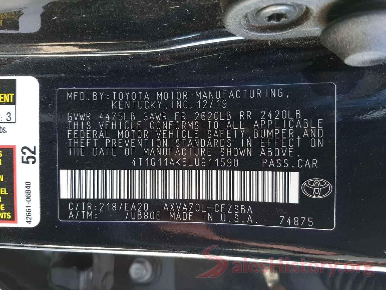 4T1G11AK6LU911590 2020 TOYOTA CAMRY