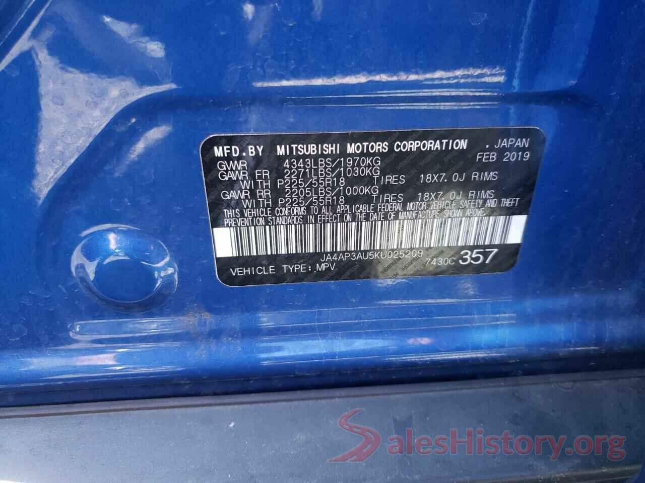 JA4AP3AU5KU025209 2019 MITSUBISHI OUTLANDER