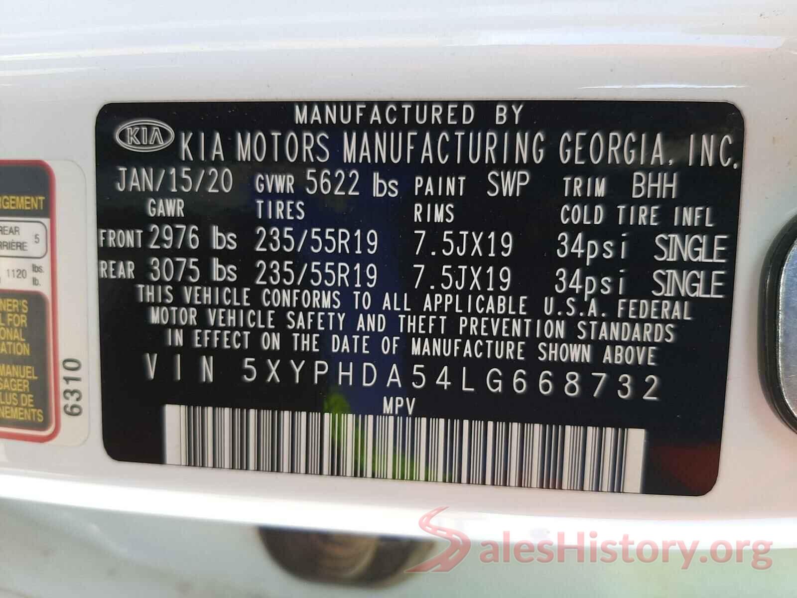 5XYPHDA54LG668732 2020 KIA SORENTO